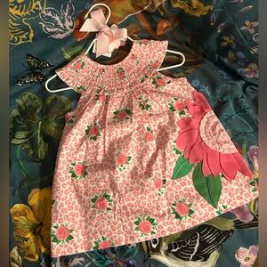 Brand New Mud Pie Rose Floral Smocked Pink Dress with Appliqué Size 6-9 Months